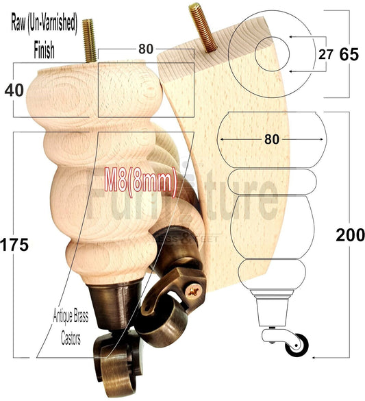 2x Furniture Antique Castor Legs & 2x Curved Solid Wooden Feet M8 Chairs Sofa 200mm High