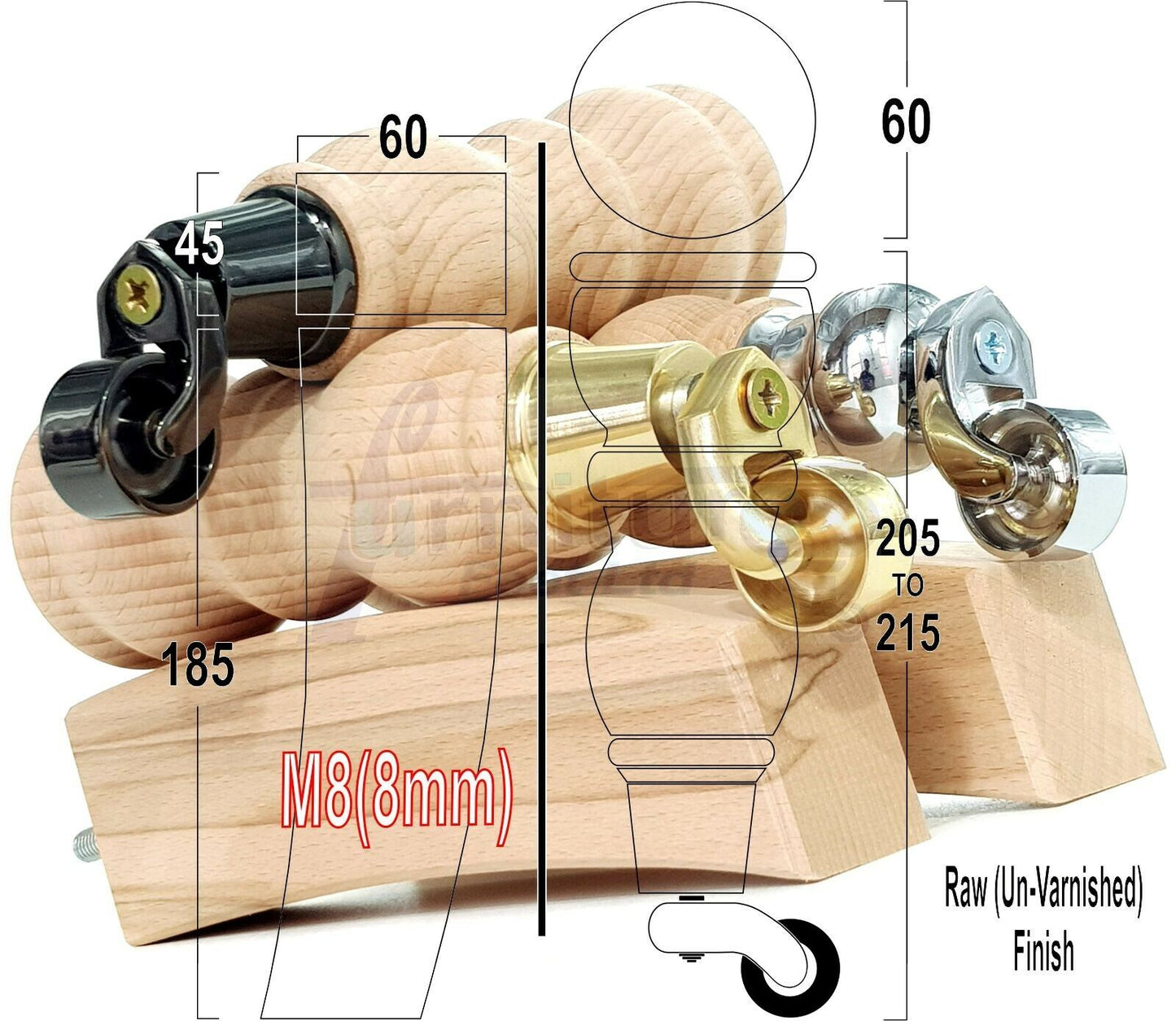 2x Wood Furniture Castor Settee Feet & 2x Curved Legs 8mm Thread 205mm High Raw (Un-Varnished) For Sofas Chairs Stools Cabinets & Beds