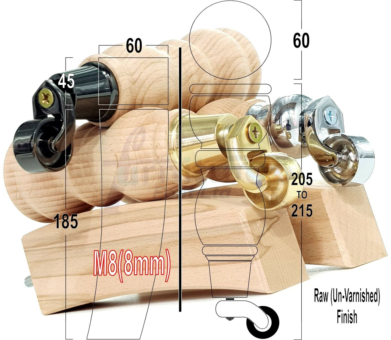2x Wood Furniture Castor Settee Feet & 2x Curved Legs 8mm Thread 205mm High Raw (Un-Varnished) For Sofas Chairs Stools Cabinets & Beds
