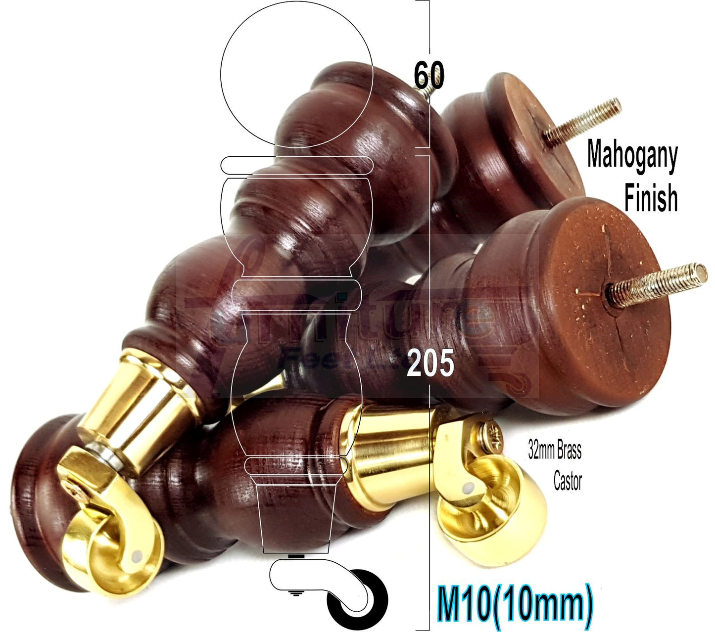 Solid Wood Furniture Feet With Castors Set of 4 Legs 205mm High For Sofas Chairs & Beds M10 Thread