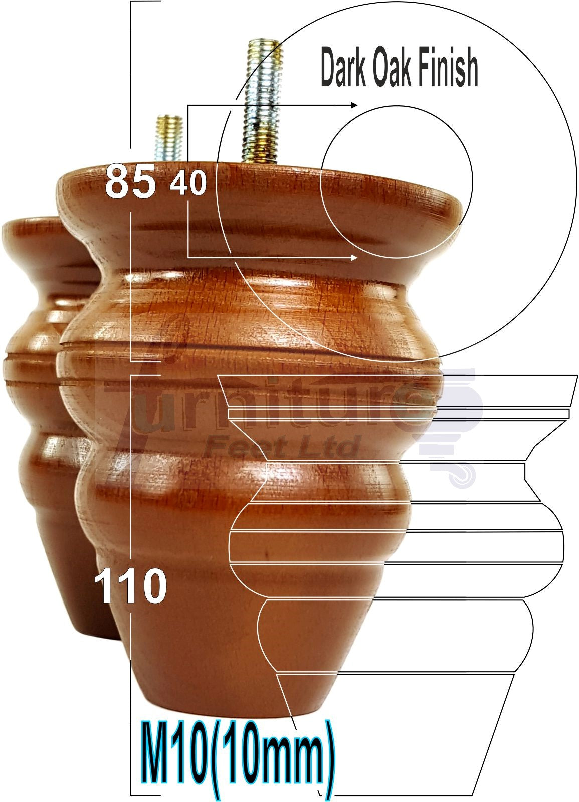 4 Turned Wood Furniture Legs Replacement Feet 110mm High Chairs Stools Sofa's Beds Settee M10 Thread