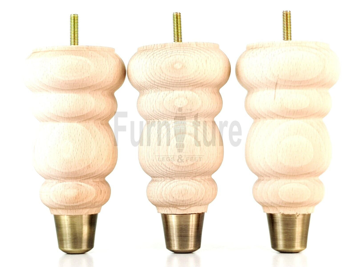 4x Round and Turned Wood Furniture Legs With Brass Slipper Cups Replacement Feet 165mm High M8 Thread
