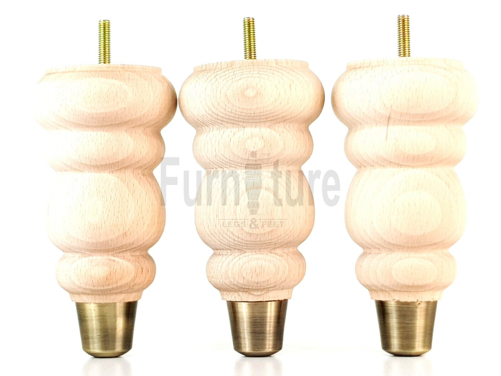 4x Turned Wood Furniture Feet Brass Slipper Cup M8 Chair Sofa Settee Legs 165mm