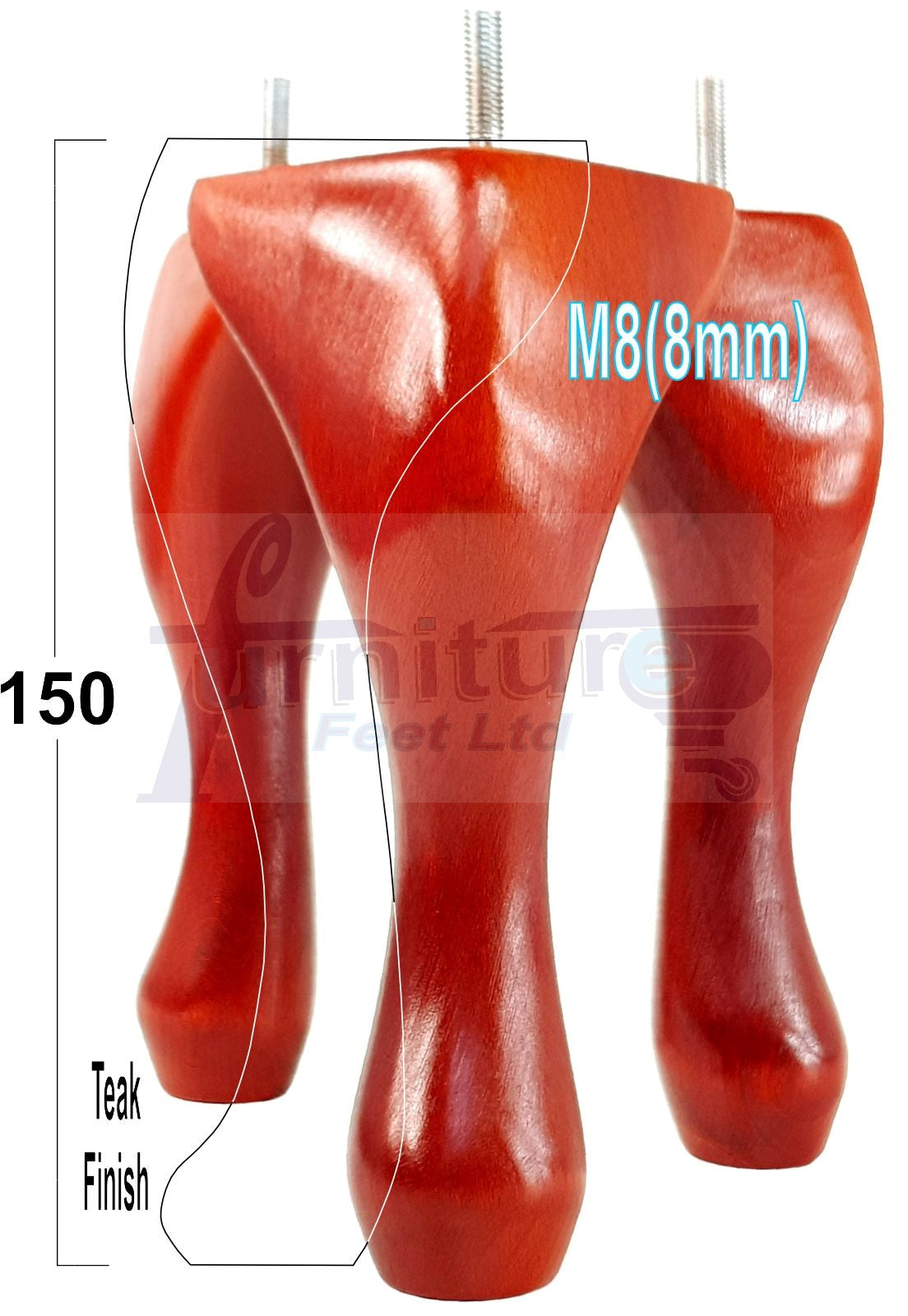 4 Solid Wood Furniture Feet 150mm High Queen Anne Replacement Legs M8 (8mm) 6 Inches Chair Stools Bed Sofa Georgian Style