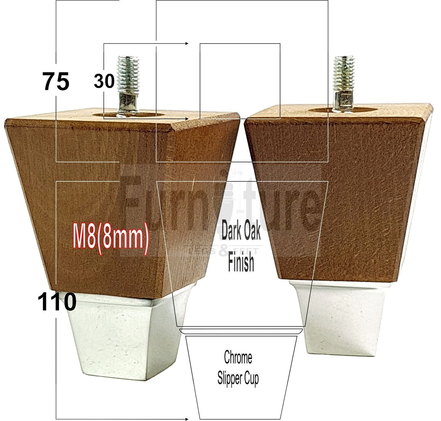 4x Block Wood With A Chrome Slipper Cup Furniture Chair Settee Legs M8 Sofa Feet 110mm