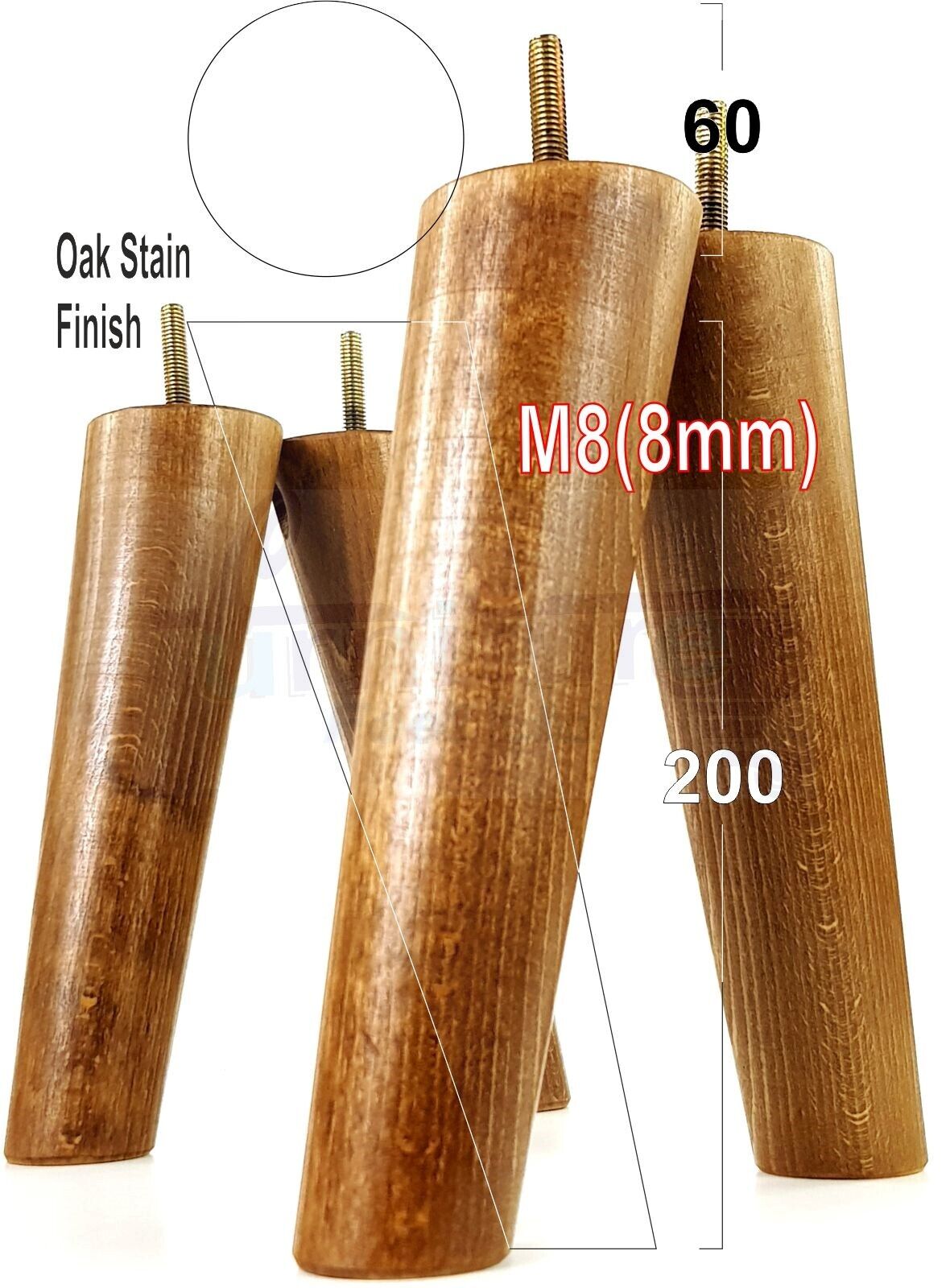 4 Solid Wood Turned Furniture Feet Replacement Mid Centry Angled Retro Legs 200mm High M8 Sofa Chairs Stools Cabinets Beds
