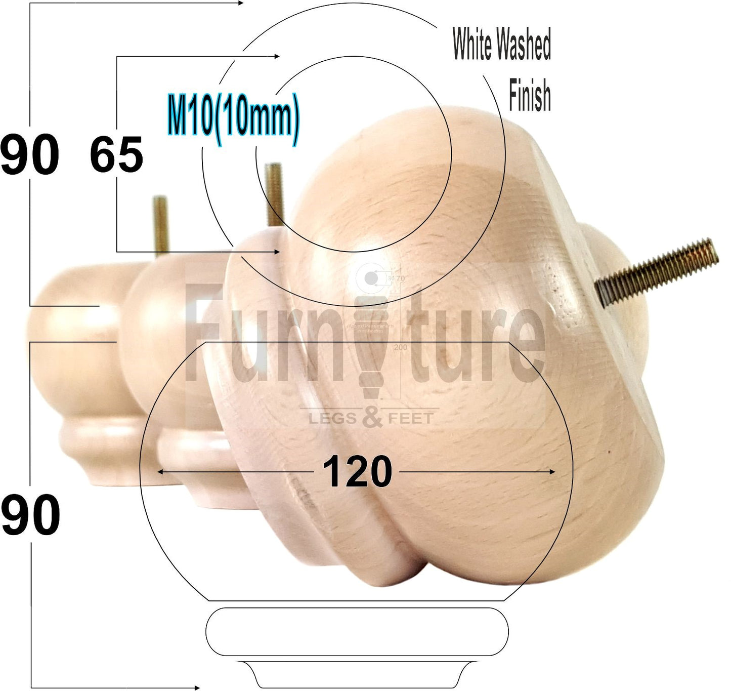  4 Turned Wooden Furniture Legs Replacement Feet 50mm High 10mm Thread For Settees, Chairs