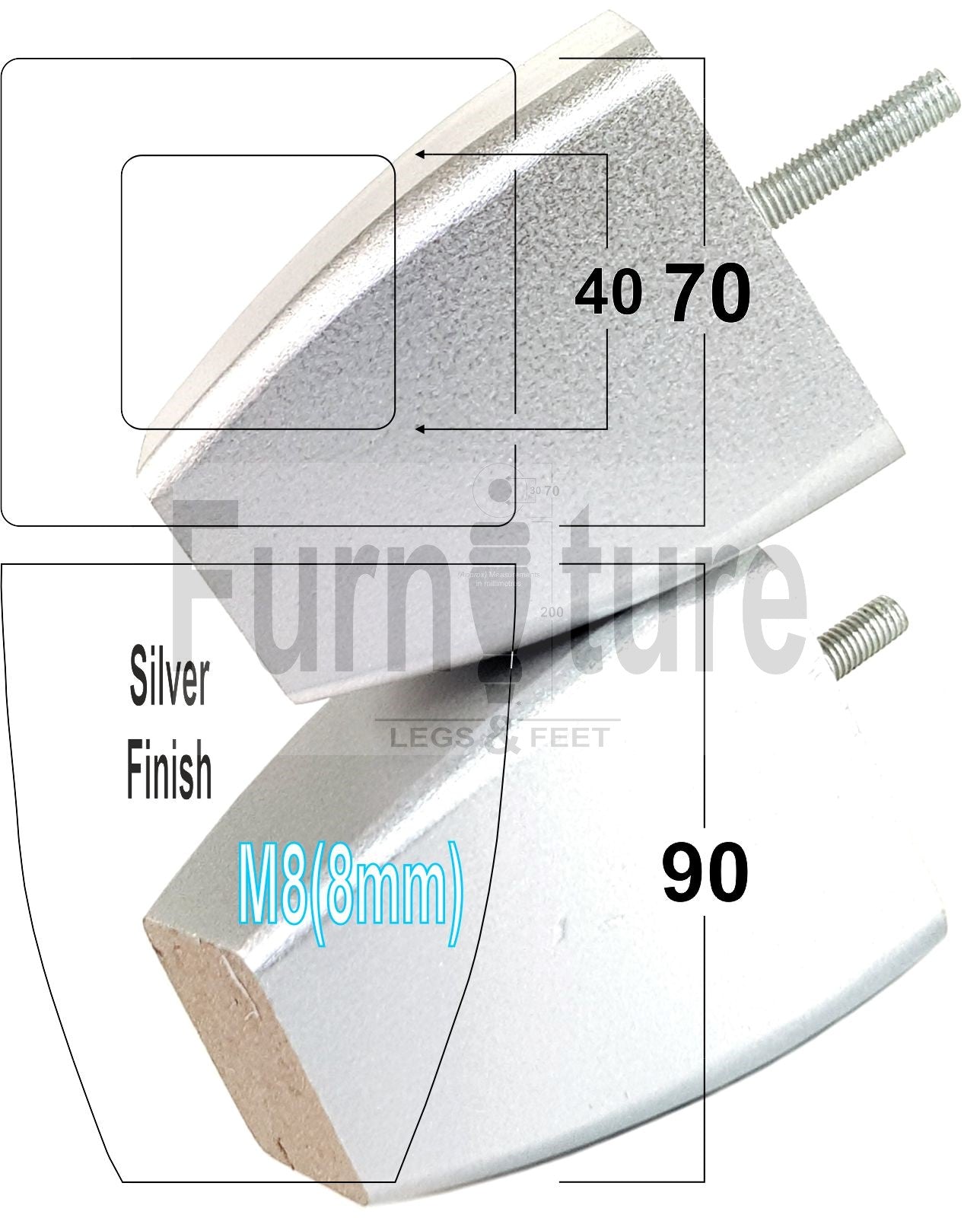 Set Of 4 Solid Wooden Block Furniture Feet Replacement Legs 90mm High M8(8mm)