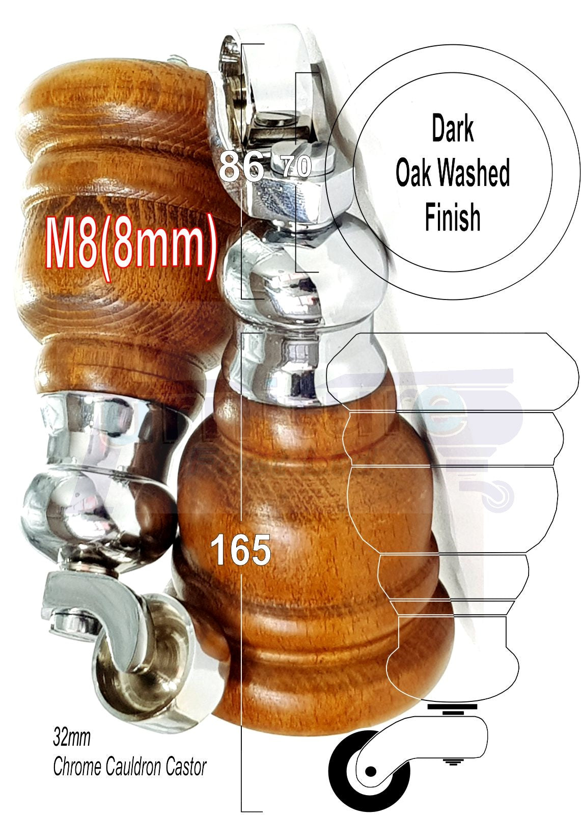 4 Turned Wood Furniture Feet With Chrome Cauldron Castors 155mm Legs Sofas Chairs Stools Cabinets Beds M8 6 Inches