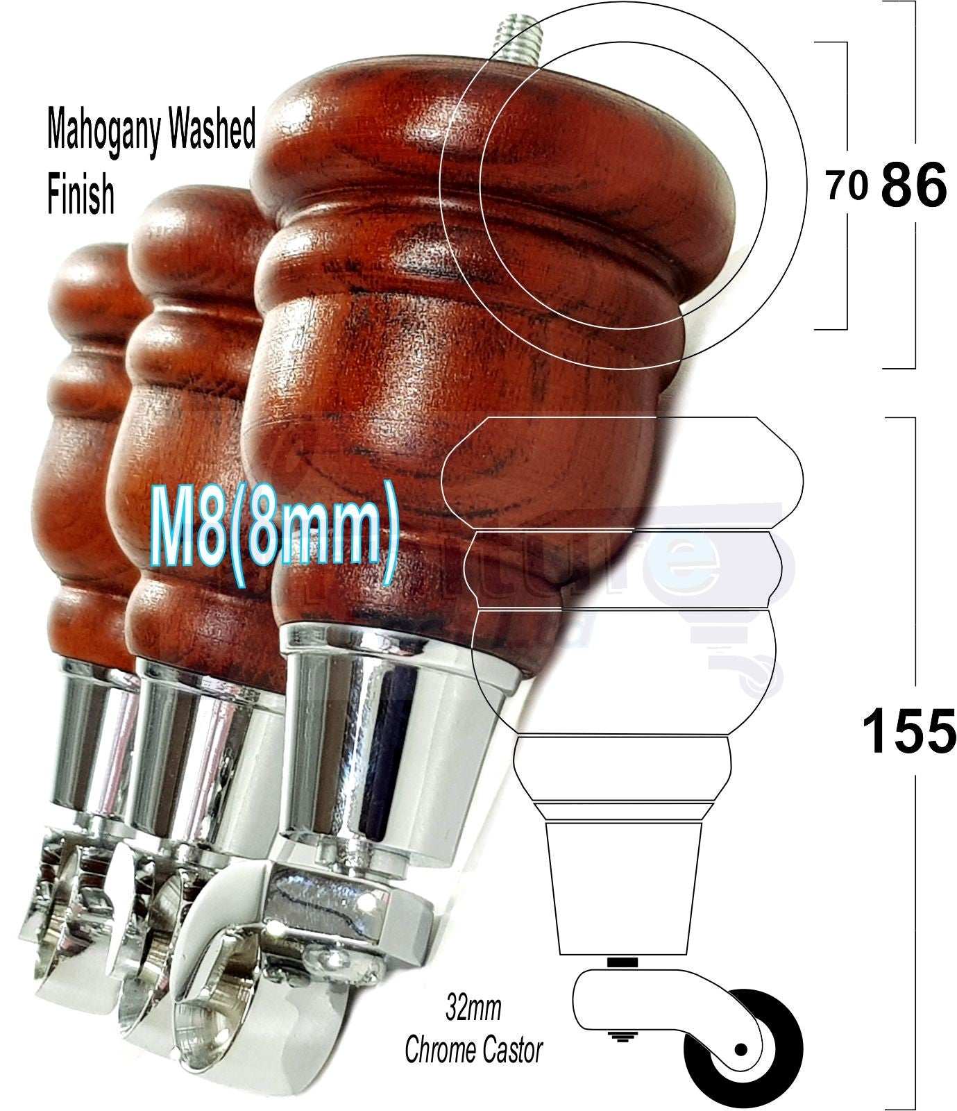 4 Turned Wood Furniture Feet With Chrome Castors 155mm Legs Sofas Chairs Stools Cabinets Beds M8 6 Inches