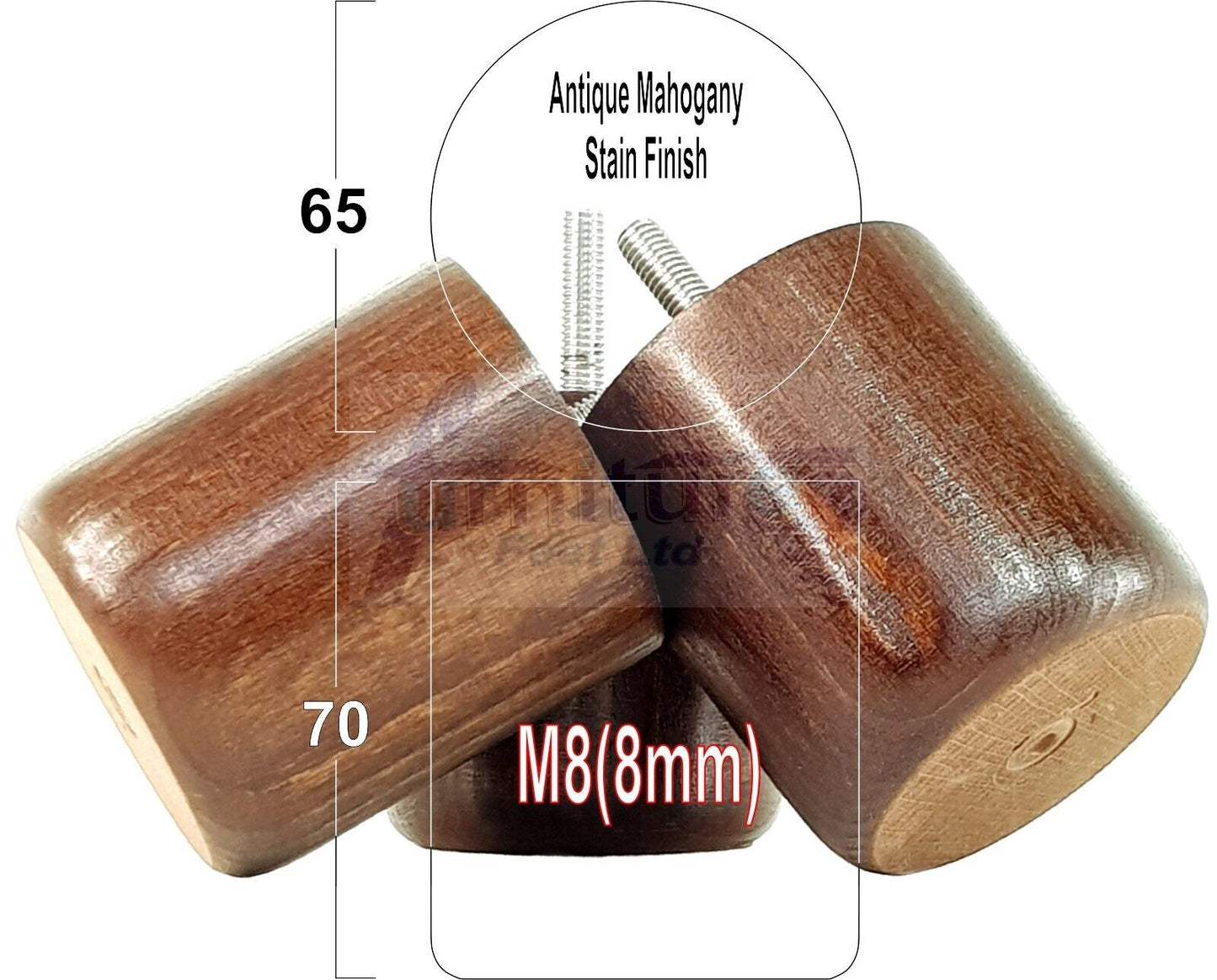 4x Solid Wood Turned Furniture Legs Replacement Bun Feet 70mm High 8mm Thread