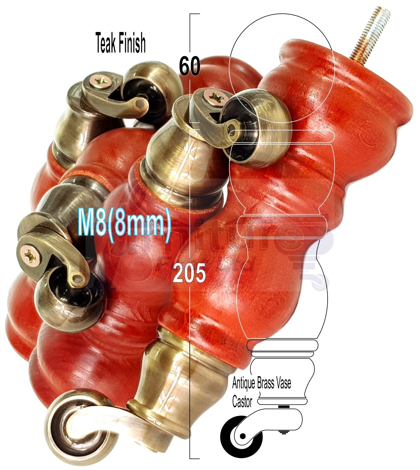 Solid Wood Furniture Feet With Castors Set of 4 Legs 205mm High For Sofas Chairs Stools Cabinets & Beds M8