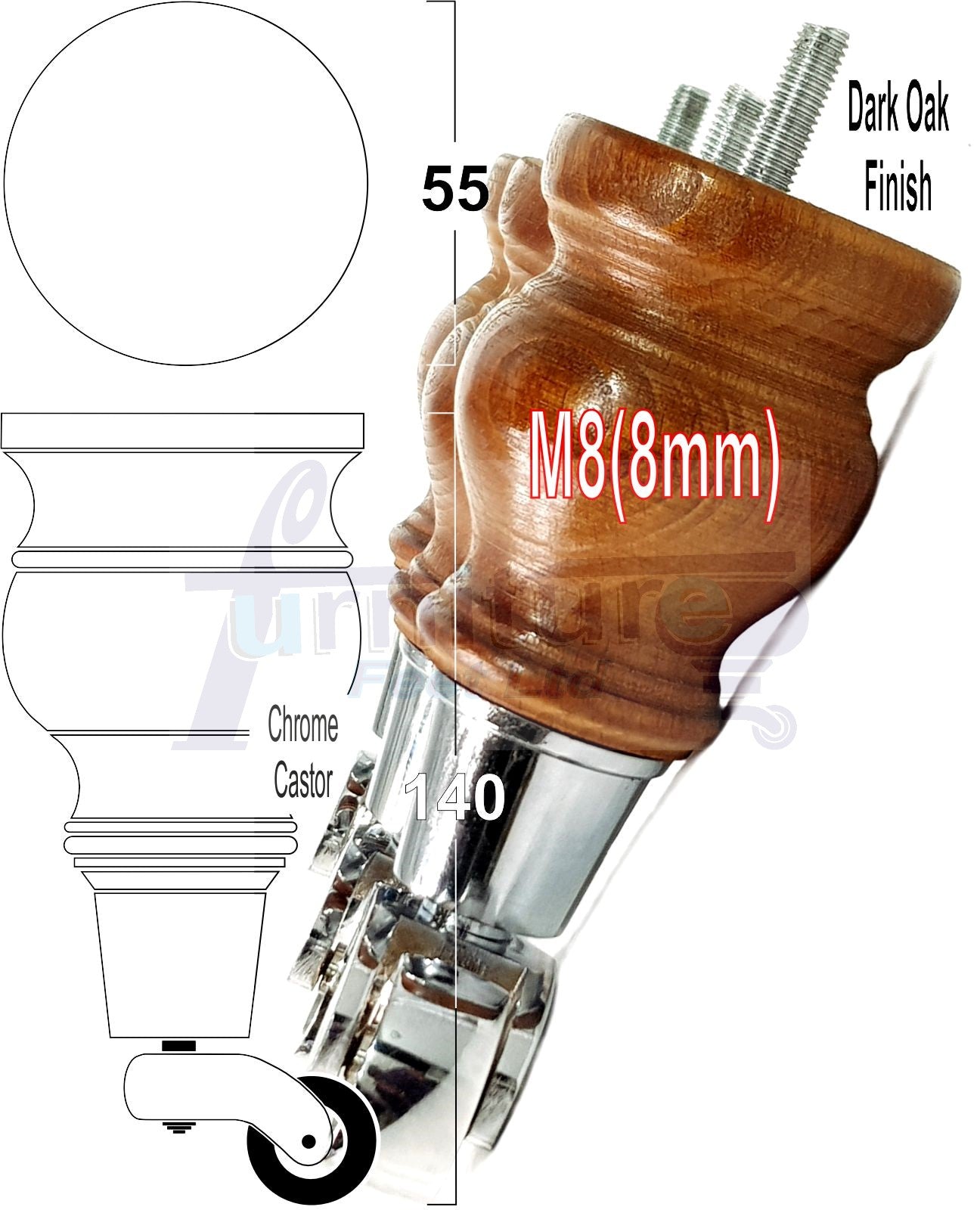 Set Of 4 Turned Wood Furniture Legs With 150mm High Castor 8mm Thread For Chairs Settees & Cabinets Dark Oak Finish