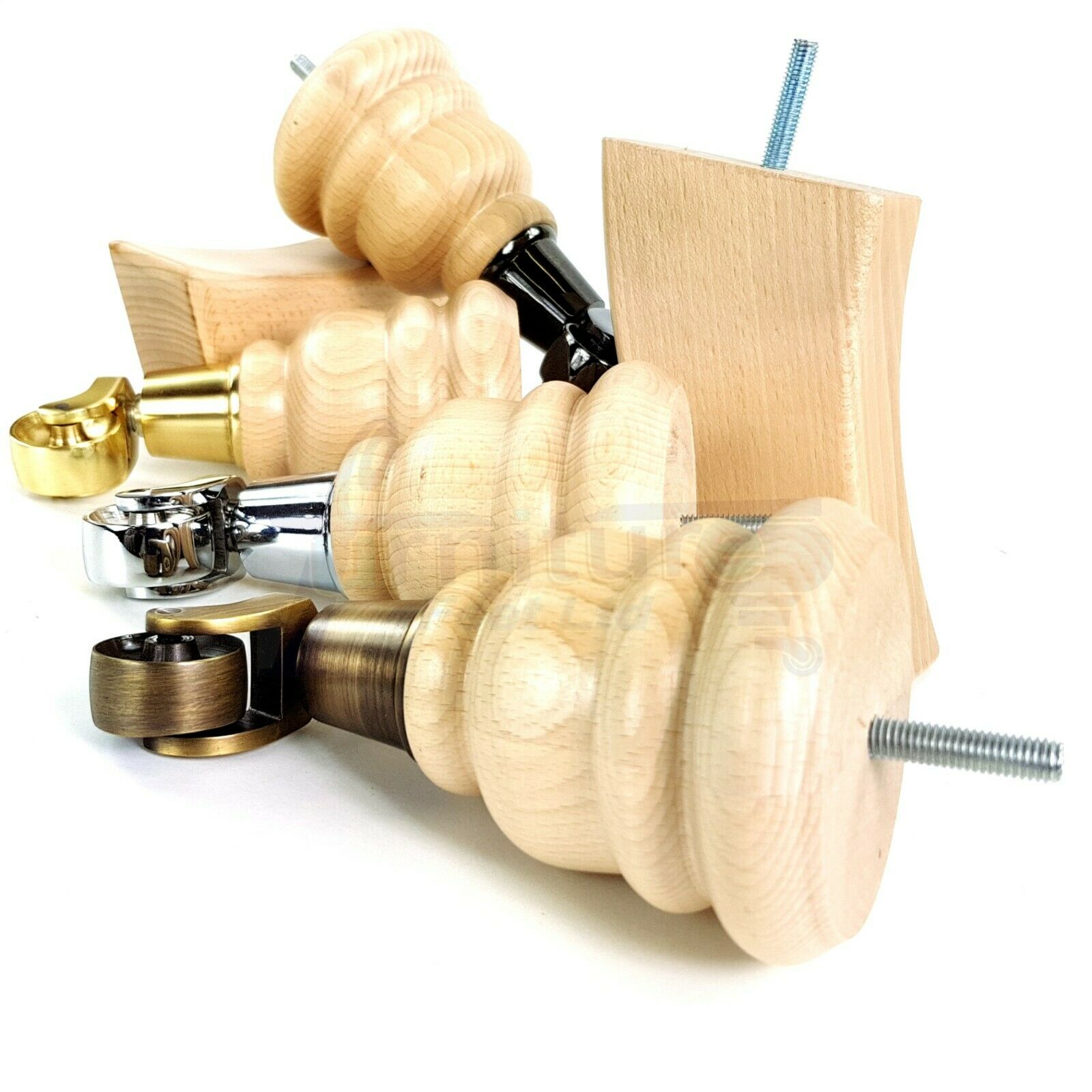 Turned Natural Wood Furniture Feet 2 With Castors 155mm and 2 Curved Back Legs Sofas Chairs Stools Cabinets Beds M8 6 Inches