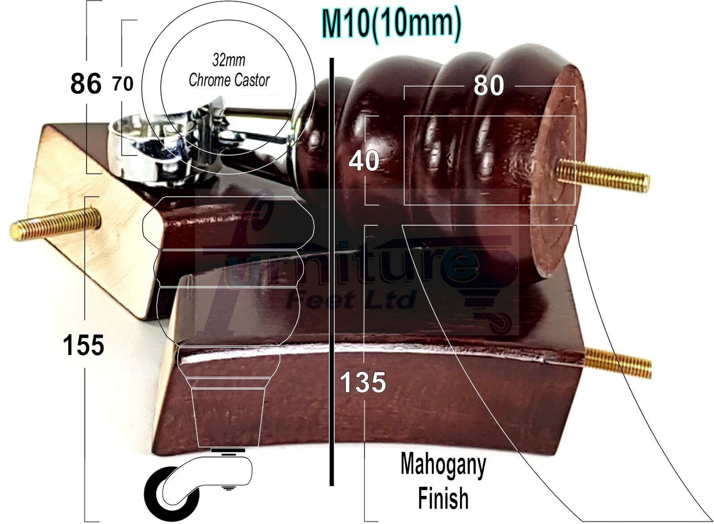 2 Replacement Wood Furniture Legs With Castors & 2 Curved Feet Mahogany 155mm Chair Sofa Stool M10