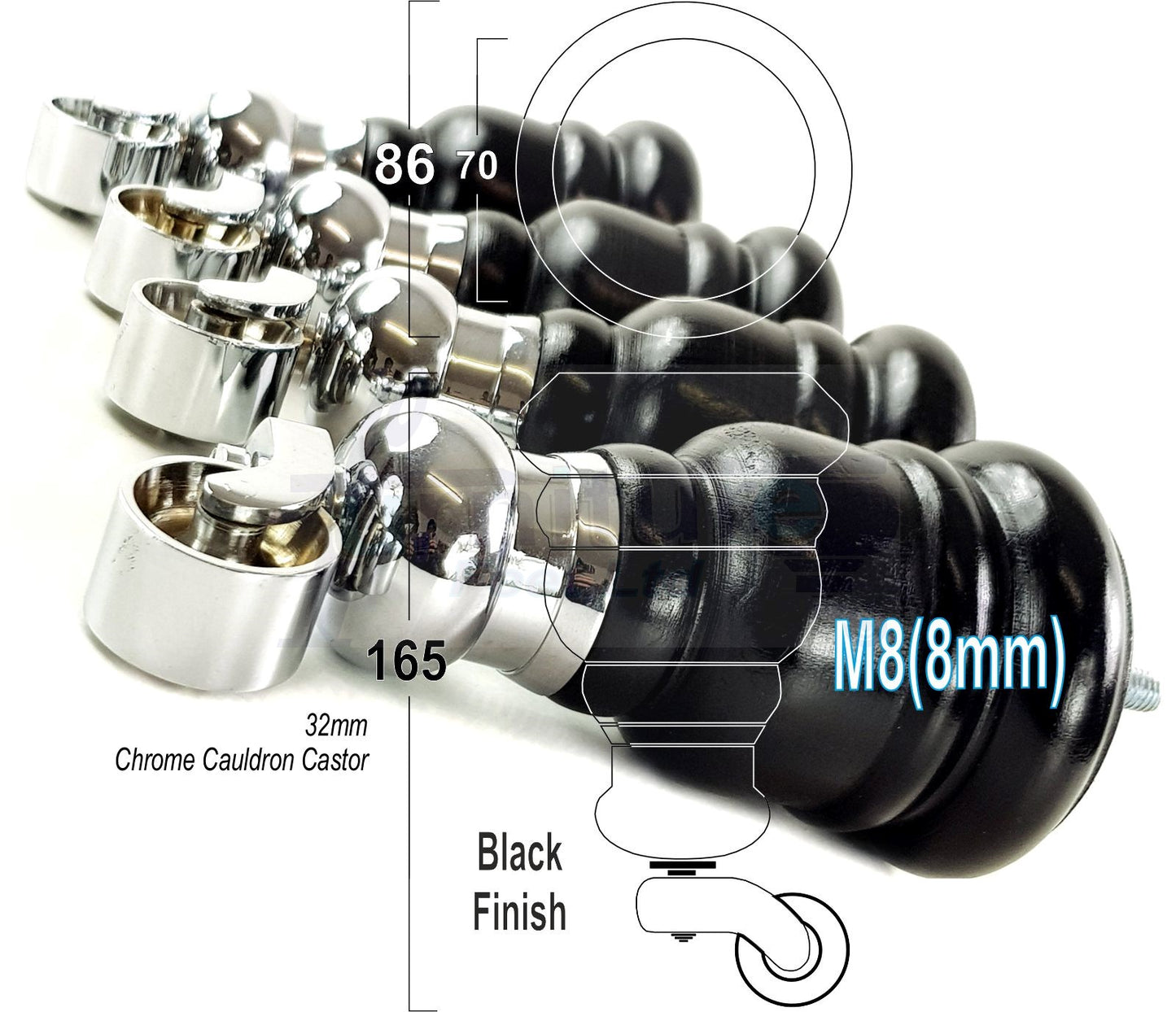 4 Turned Wood Furniture Feet With Chrome Cauldron Castors 155mm Legs Sofas Chairs Stools Cabinets Beds M8 6 Inches