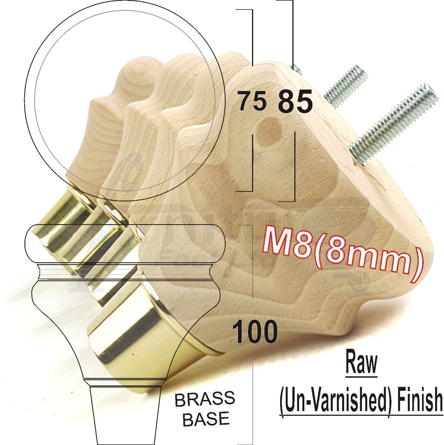 4x Turned Wood Furniture Feet M8(8mm) With Slipper Cup Chair Sofa Settee Legs 110mm