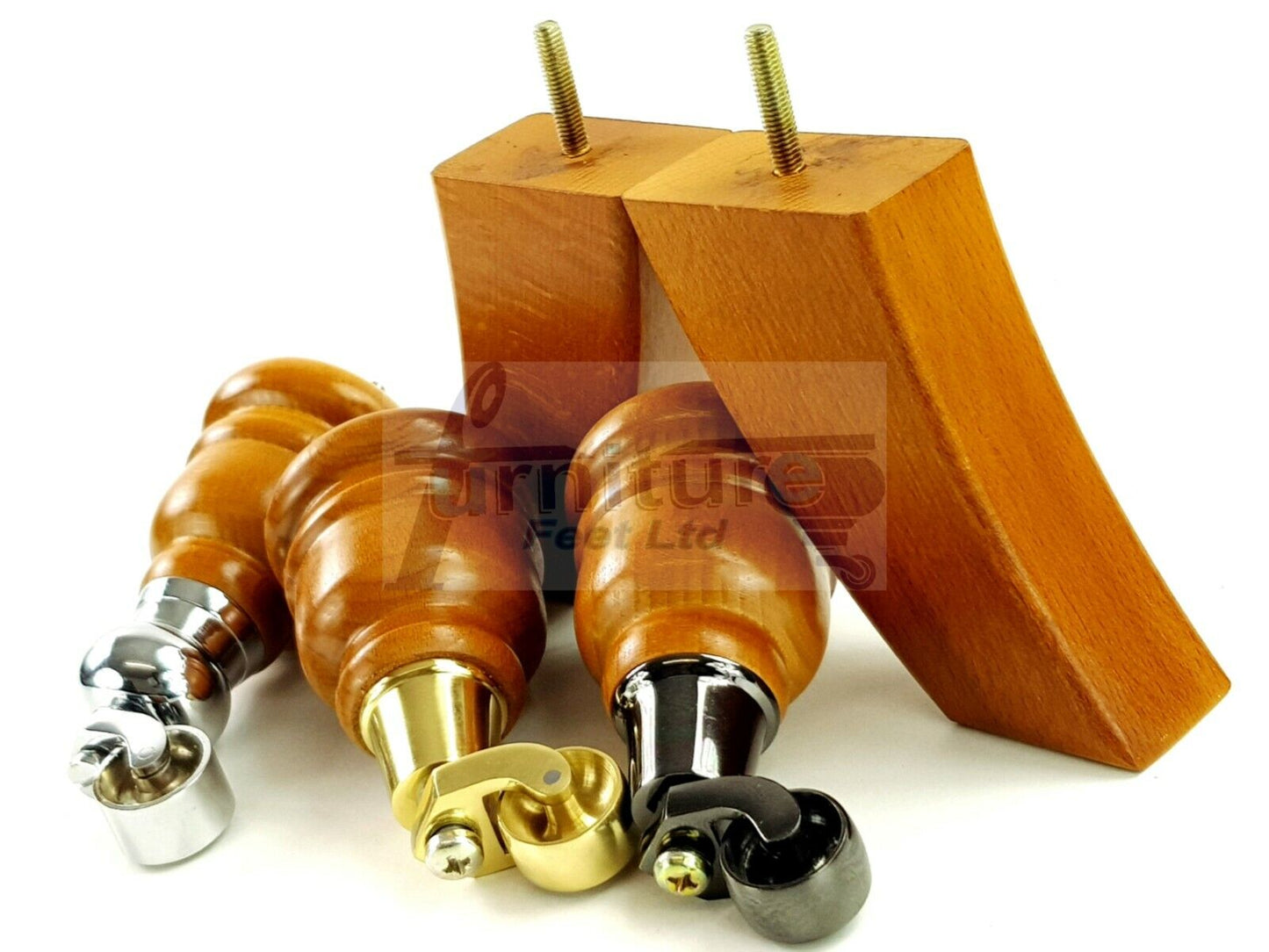  Golden Oak Turned Wood Furniture Feet 2 With Castors 155mm and 2 Curved Back Legs Sofas Chairs Stools Cabinets Beds M8 6 Inches