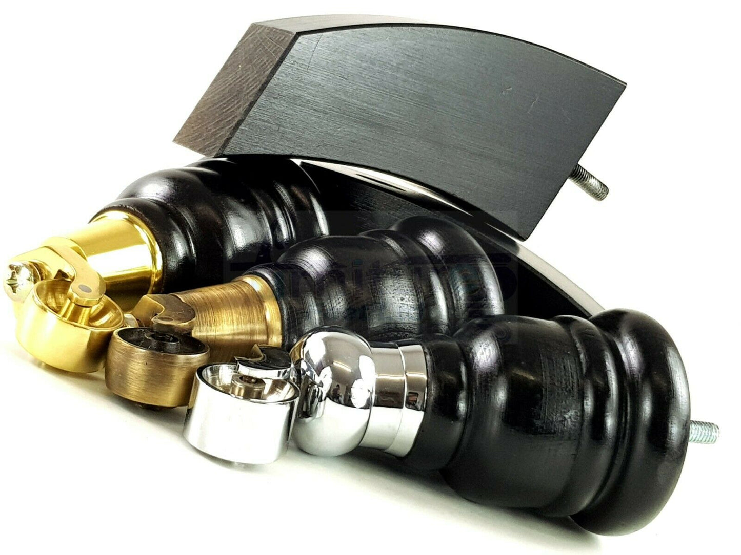 Black Turned Wood Furniture Feet 2 With Castors 155mm and 2 Curved Back Legs Sofas Chairs Stools Cabinets Beds M8 6 Inches