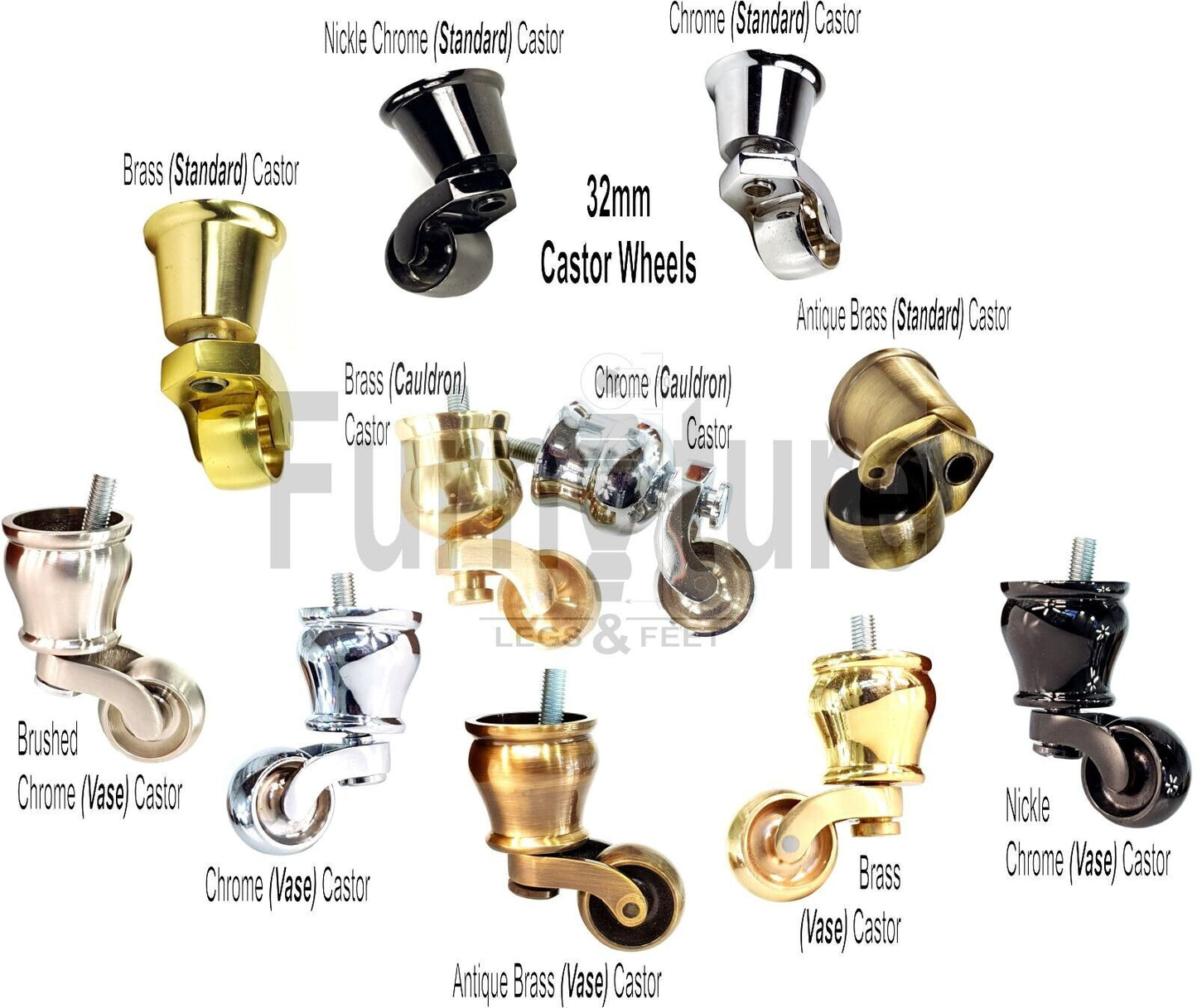 Set Of 4 Wooden Turned Replacement Furniture Legs 200mm High With Brass Castor Wheels 8mm Thread