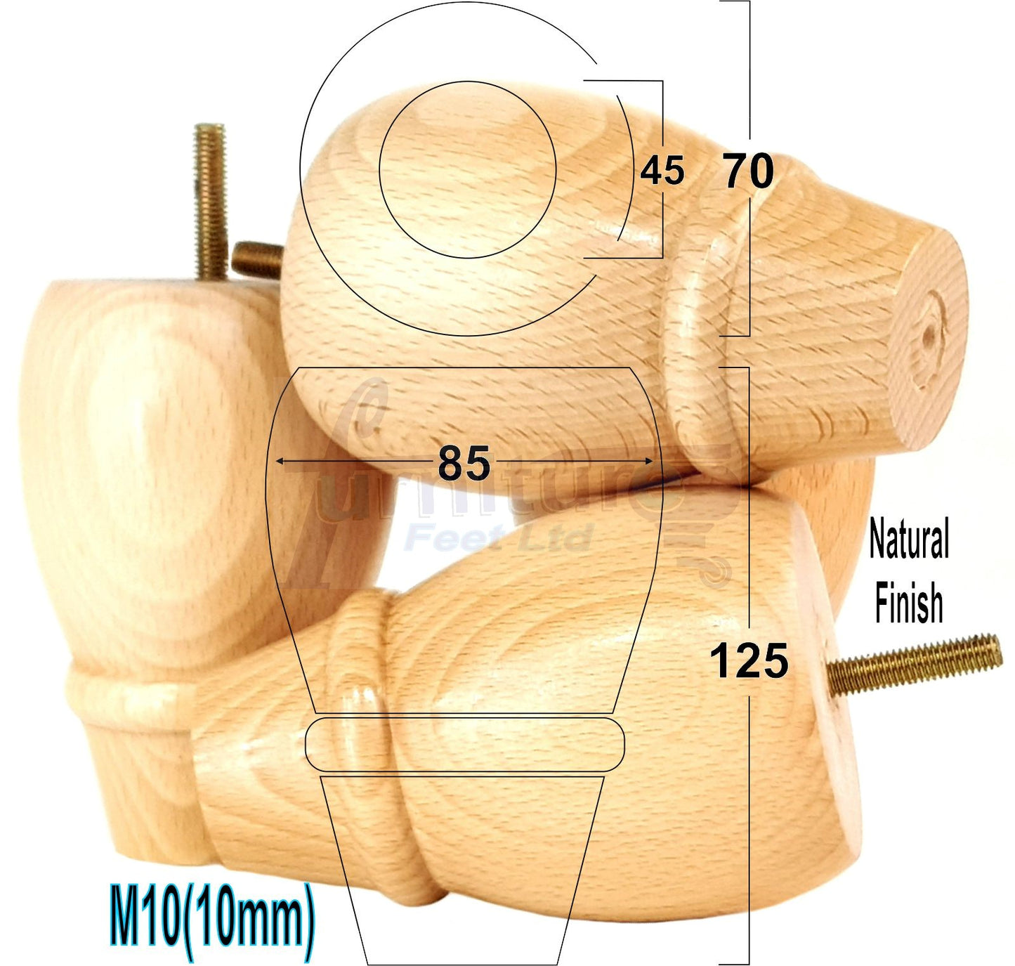 4x Wooden Turned Replacement Furniture Legs 125mm High Settee and Cabinet Feet 10mm Thread