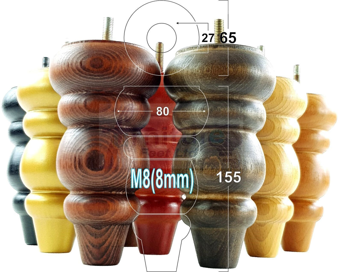 4 Solid Wood Turned Furniture Legs Round Repalcement Chair, Settee Feet 155mm 8mm Thread