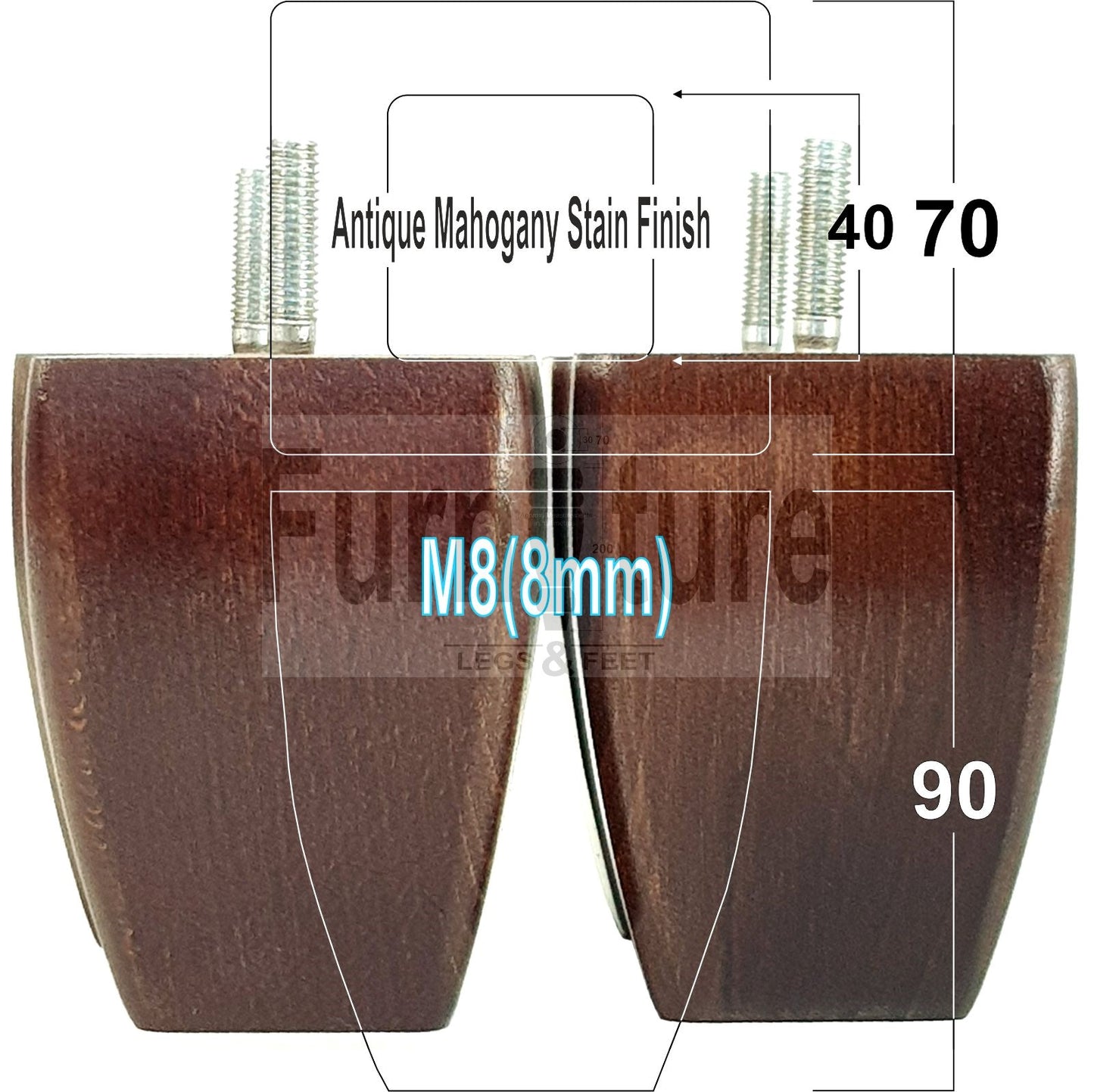 Set Of 4 Solid Wooden Block Furniture Feet Replacement Legs 90mm High M8(8mm)