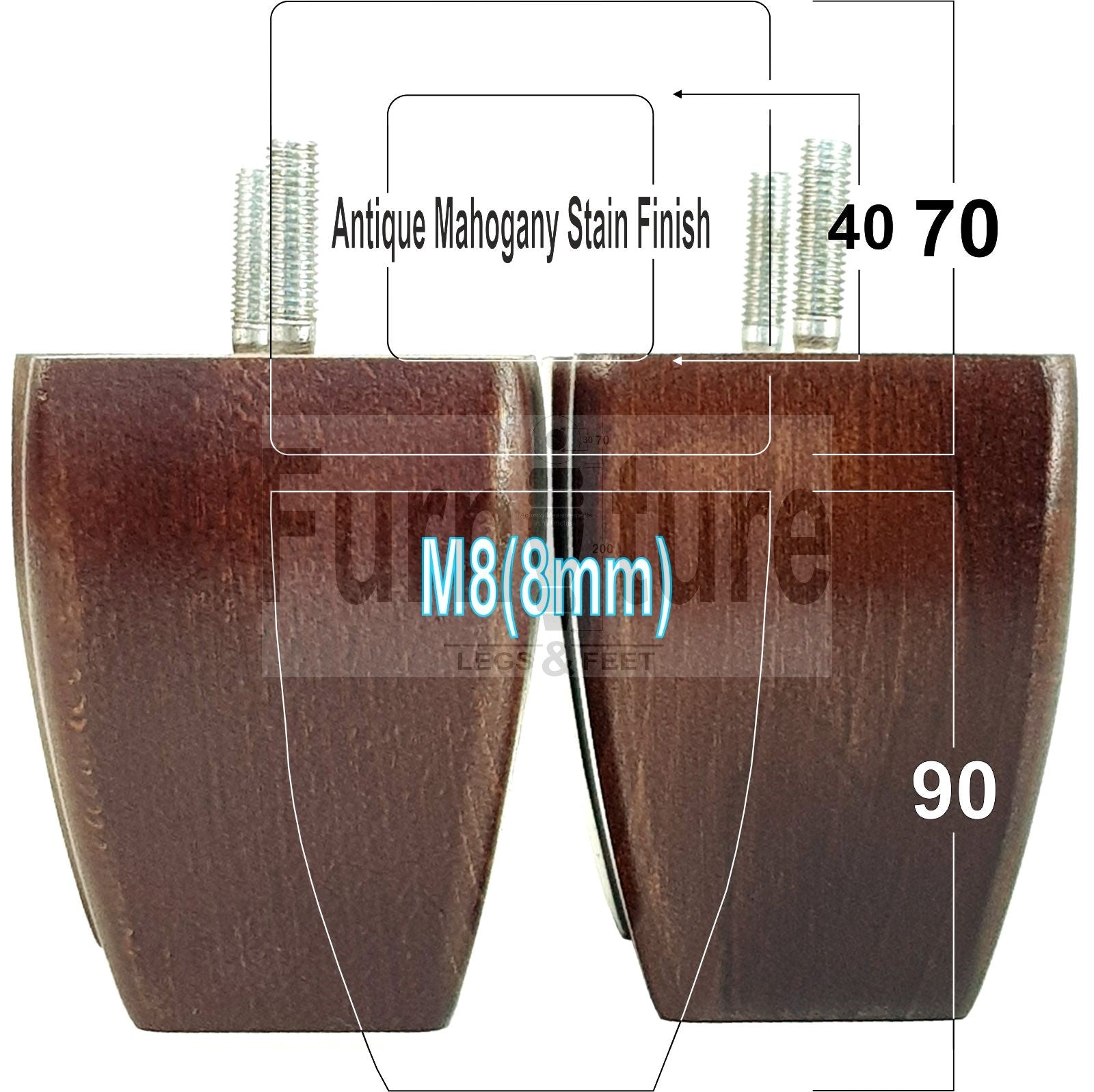 Set Of 4 Solid Wooden Block Furniture Feet Replacement Legs 90mm High M8(8mm)