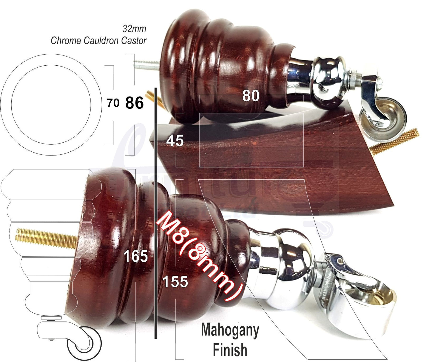 Mahogany Turned Wood Furniture Feet 2 With Castors 155mm and 2 Curved Back Legs Sofas Chairs Stools Cabinets Beds M8 6 Inches