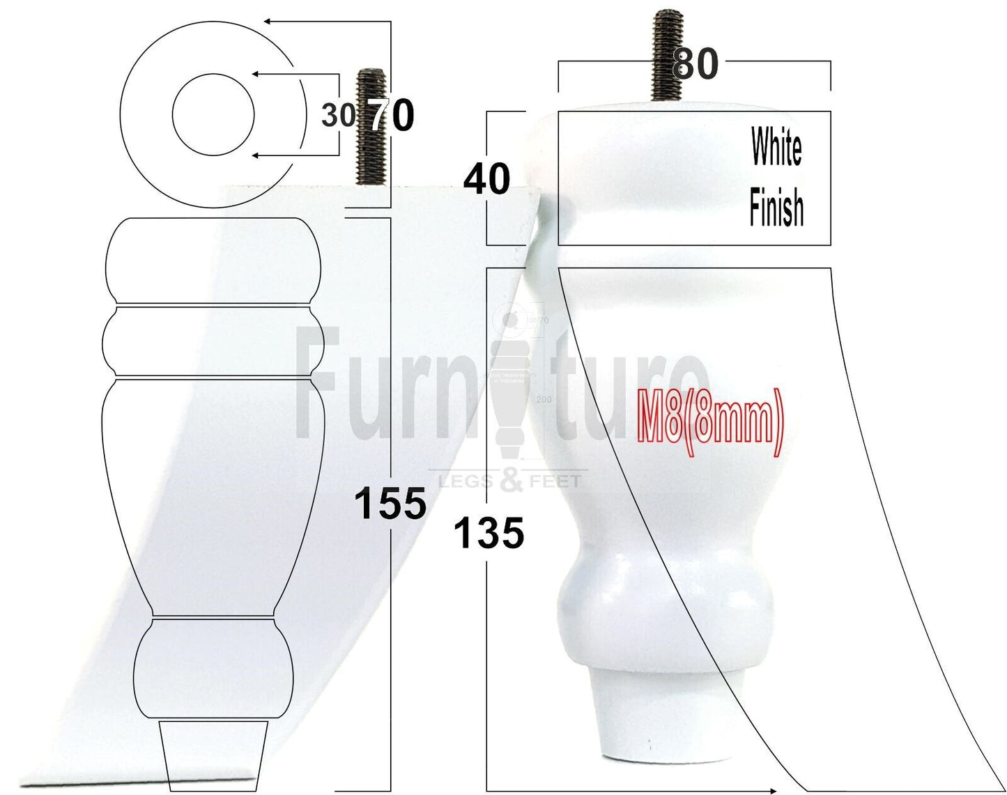 2x Turned Wood Furniture Feet 155mm and 2 Curved Back Legs Sofas Chairs Beds M8 Thread 6 Inches