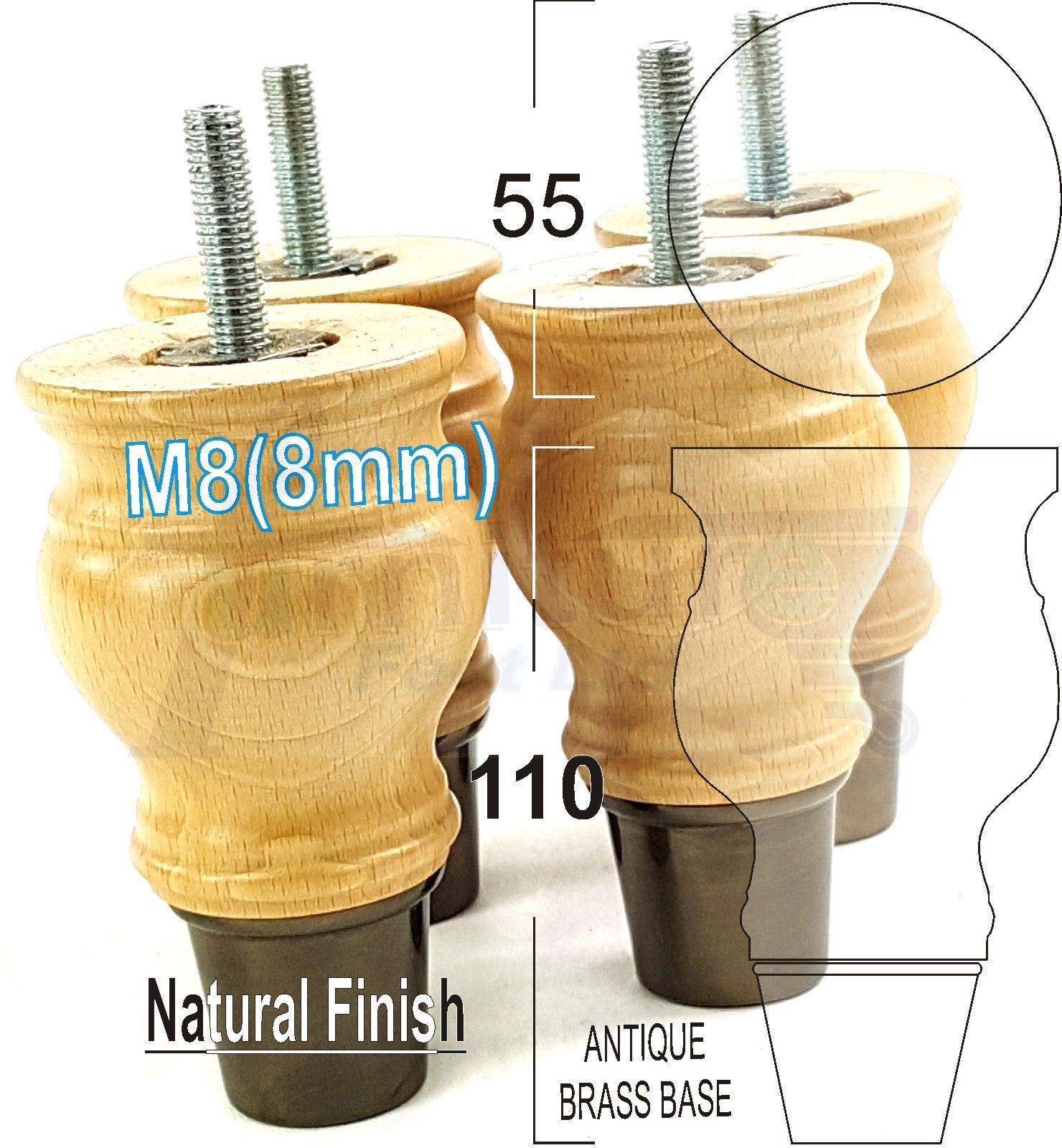 4x Turned Wood Furniture Feet M8(8mm) With Slipper Cup Chair Sofa Settee Legs 110mm