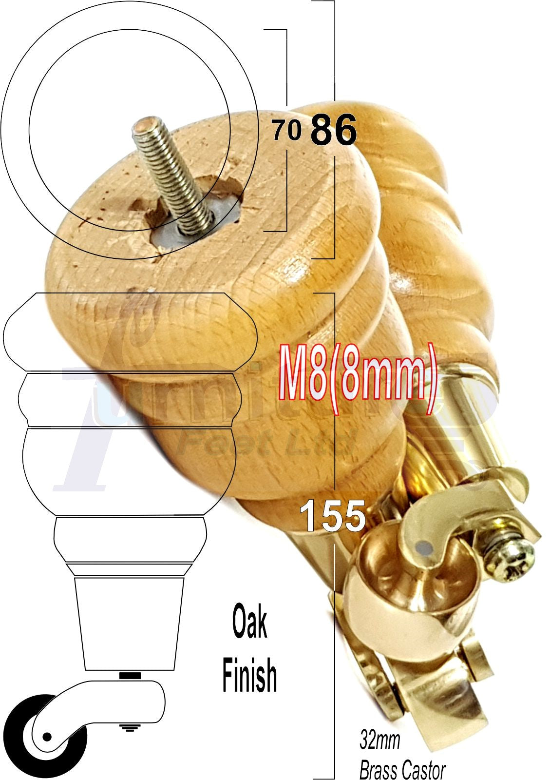 4 Turned Wood Furniture Feet With Brass Castors 155mm Legs Sofas Chairs Stools Cabinets Beds M8 6 Inches