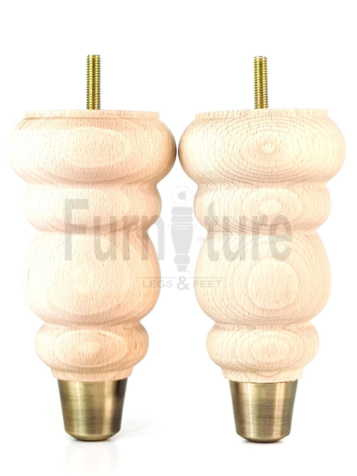 4x Round and Turned Wood Furniture Legs With Brass Slipper Cups Replacement Feet 165mm High M8 Thread