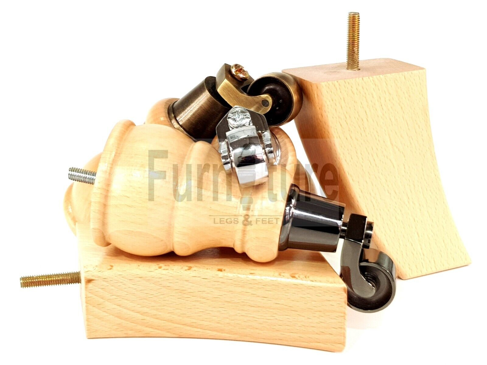 2 Wooden Castor Furniture Sofa Legs & 2 Curved Back Feet  Natural M8 Chair Settee Feet 160mm High