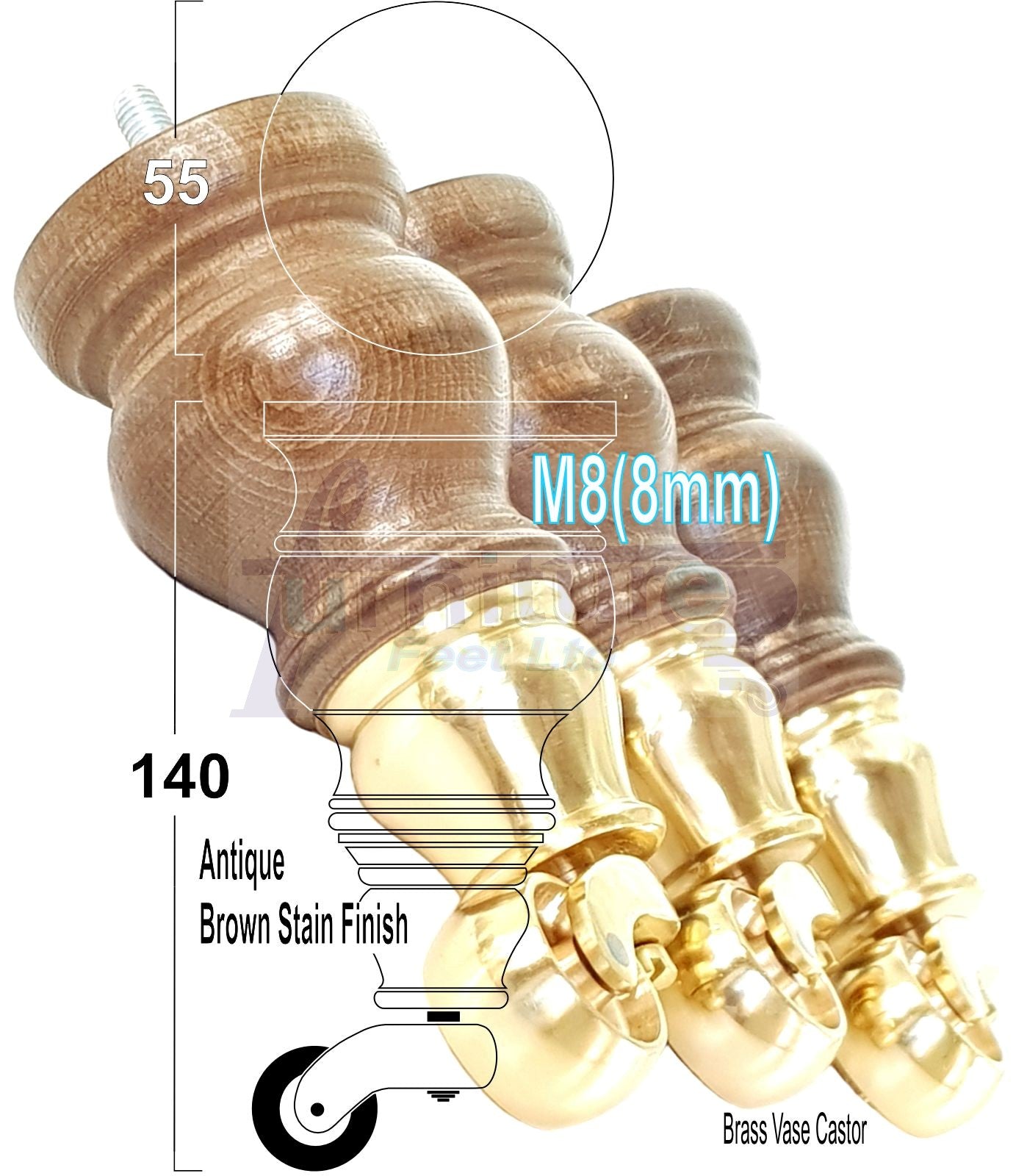 Set Of 4 Turned Wood Furniture Legs With 150mm High Castor 8mm Thread For Chairs Settees & Cabinets Antique Brown Stain