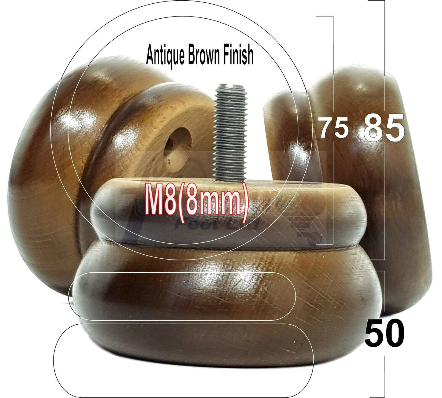 Set Of 4 Turned Wooden Furniture Legs Replacement Bun Feet 50mm High 8mm Thread