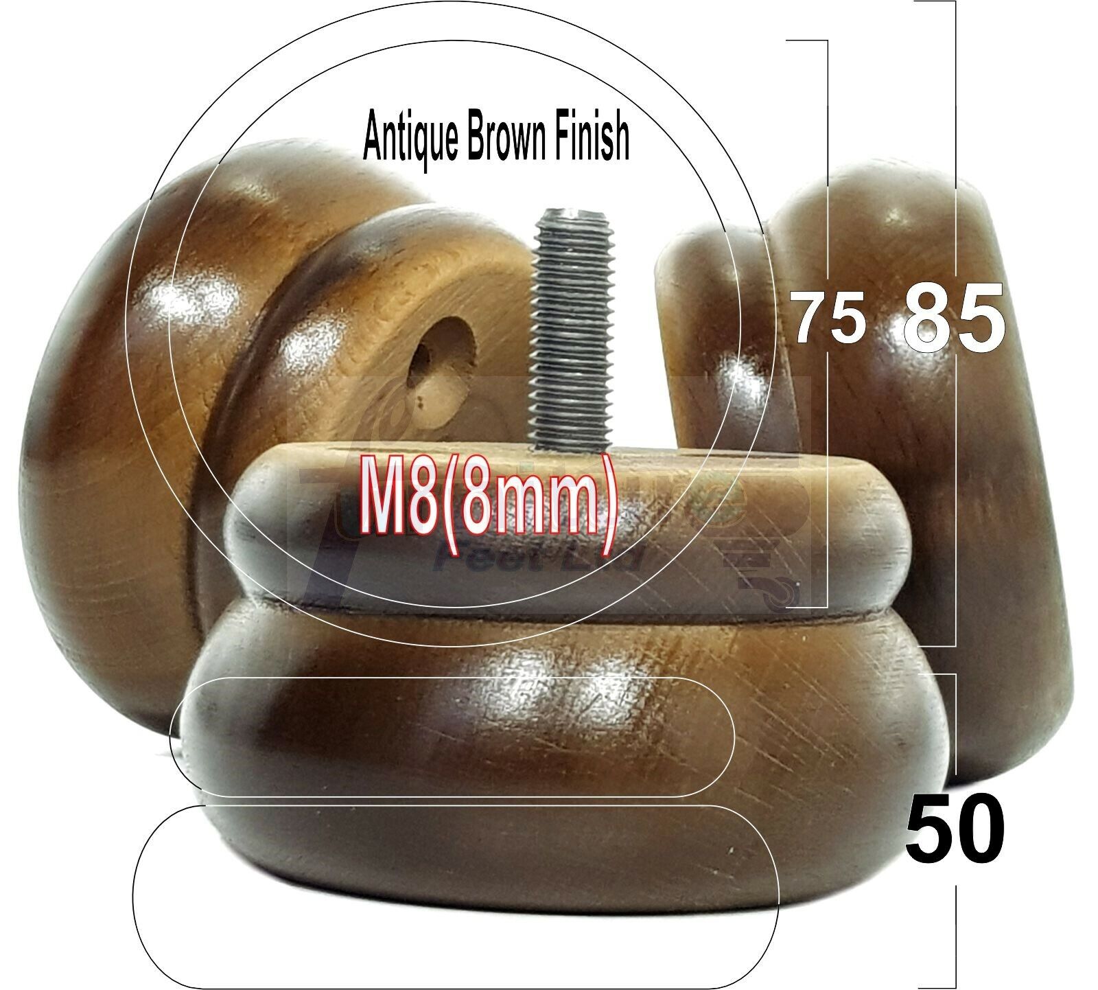 Set Of 4 Turned Wooden Furniture Legs Replacement Bun Feet 50mm High 8mm Thread