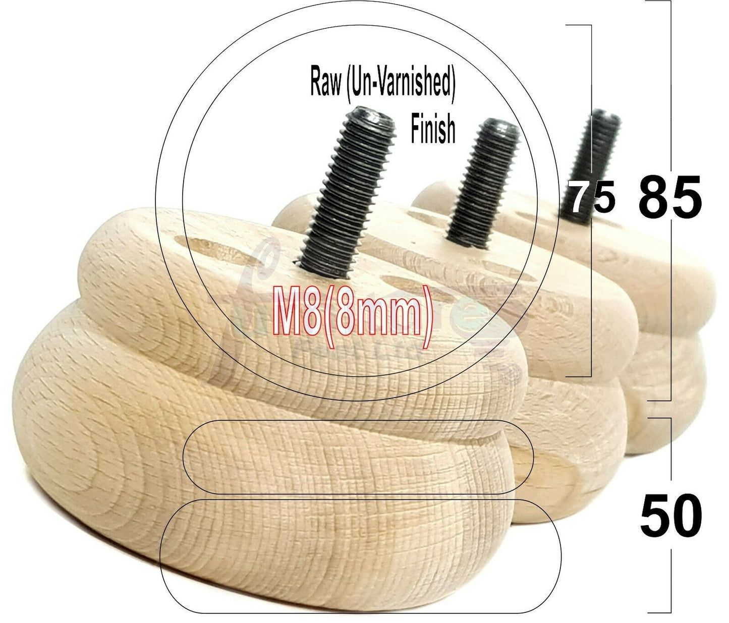 Set Of 4 Turned Wooden Furniture Legs Replacement Bun Feet 50mm High 8mm Thread