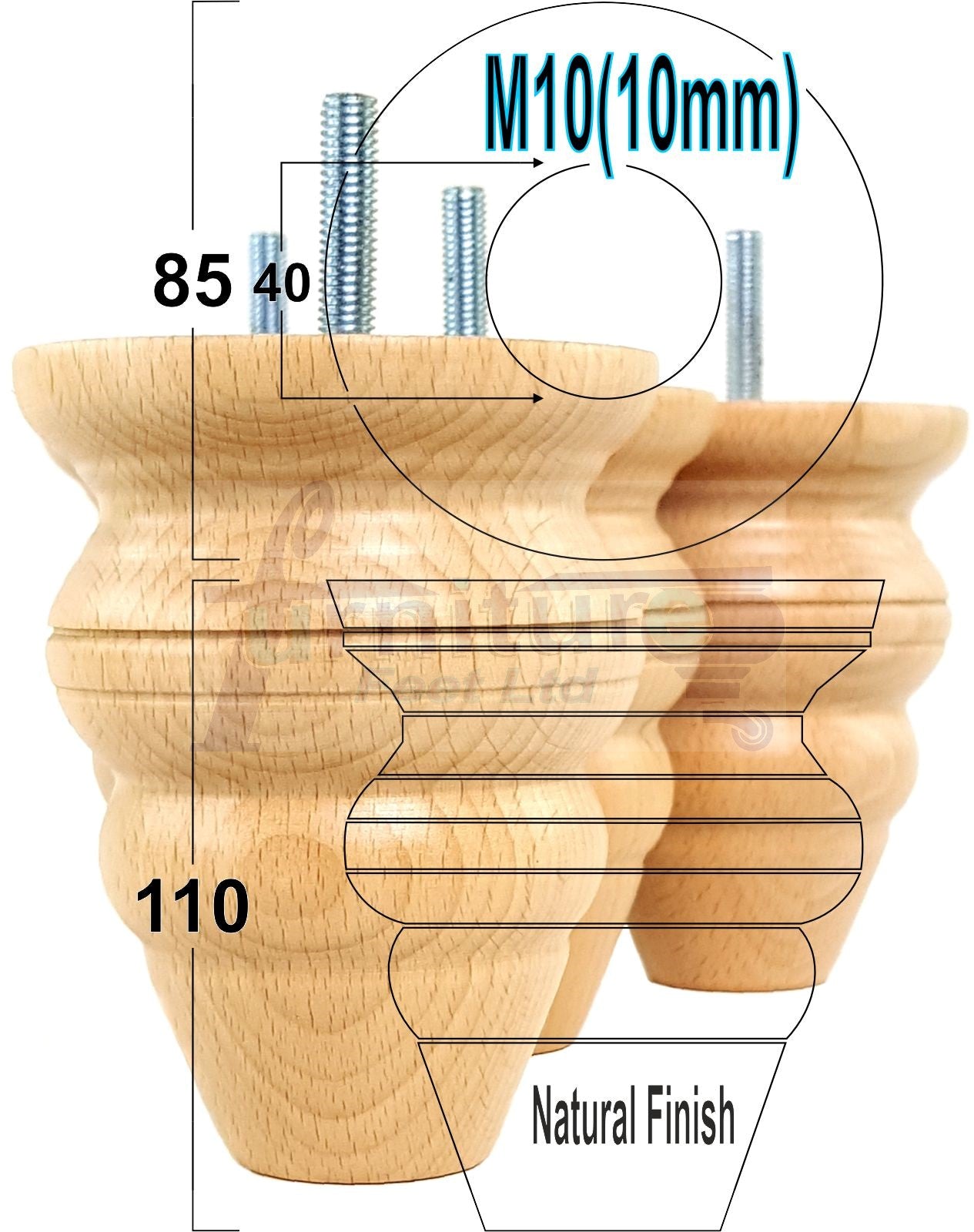 4 Turned Wood Furniture Legs Replacement Feet 110mm High Chairs Stools Sofa's Beds Settee M10 Thread
