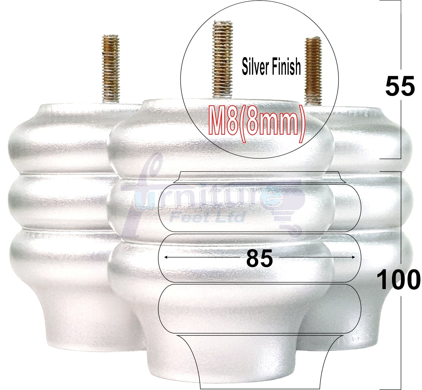 Set Of 4 Solid Wood Turned Furniture Legs Replacement Bun Feet 100mm High 8mm Thread