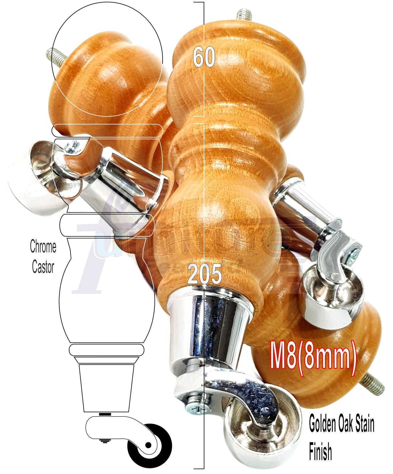 Solid Wood Furniture Feet With Castors Set of 4 Legs 205mm High For Sofas Chairs Stools Cabinets & Beds M8