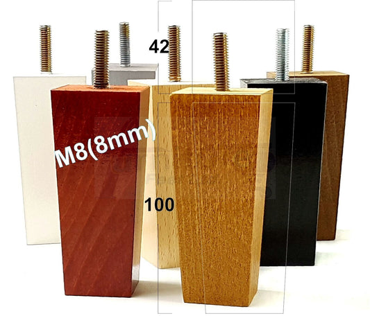 4x Solid Wood Block Furniture Legs Replacement Square Feet 100mm High M8(8mm)
