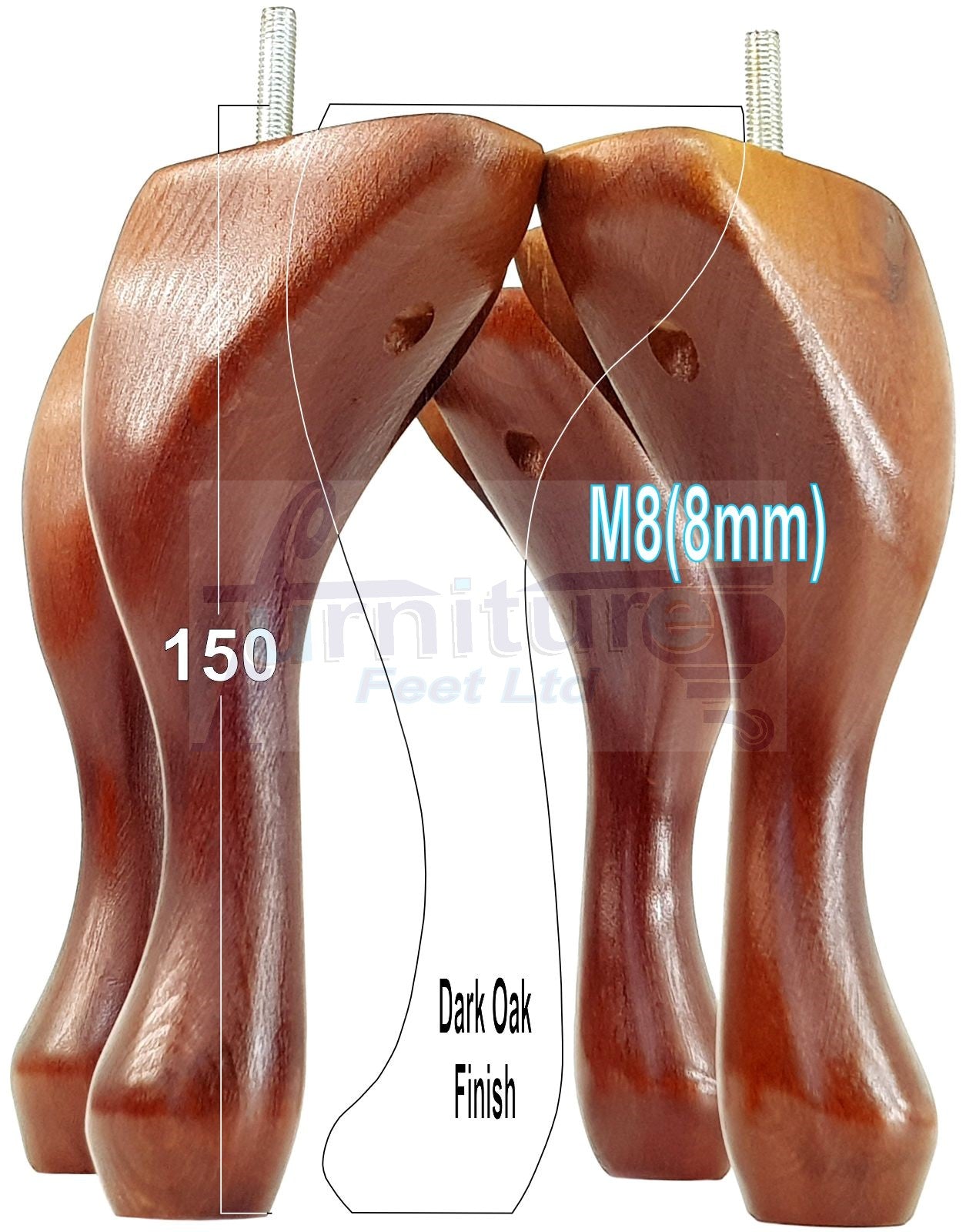 4 Solid Wood Furniture Feet 150mm High Queen Anne Replacement Legs M8 (8mm) 6 Inches Chair Stools Bed Sofa Georgian Style