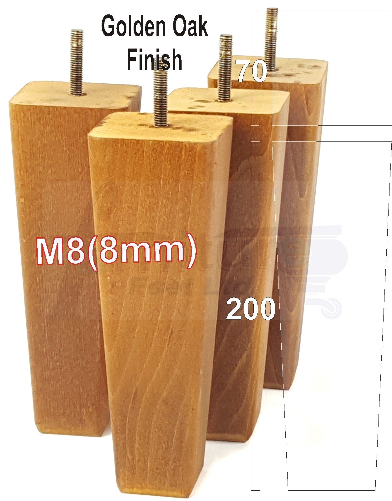 4x Wooden Furniture Legs 200mm High Replacement Square Tapered Feet 8mm