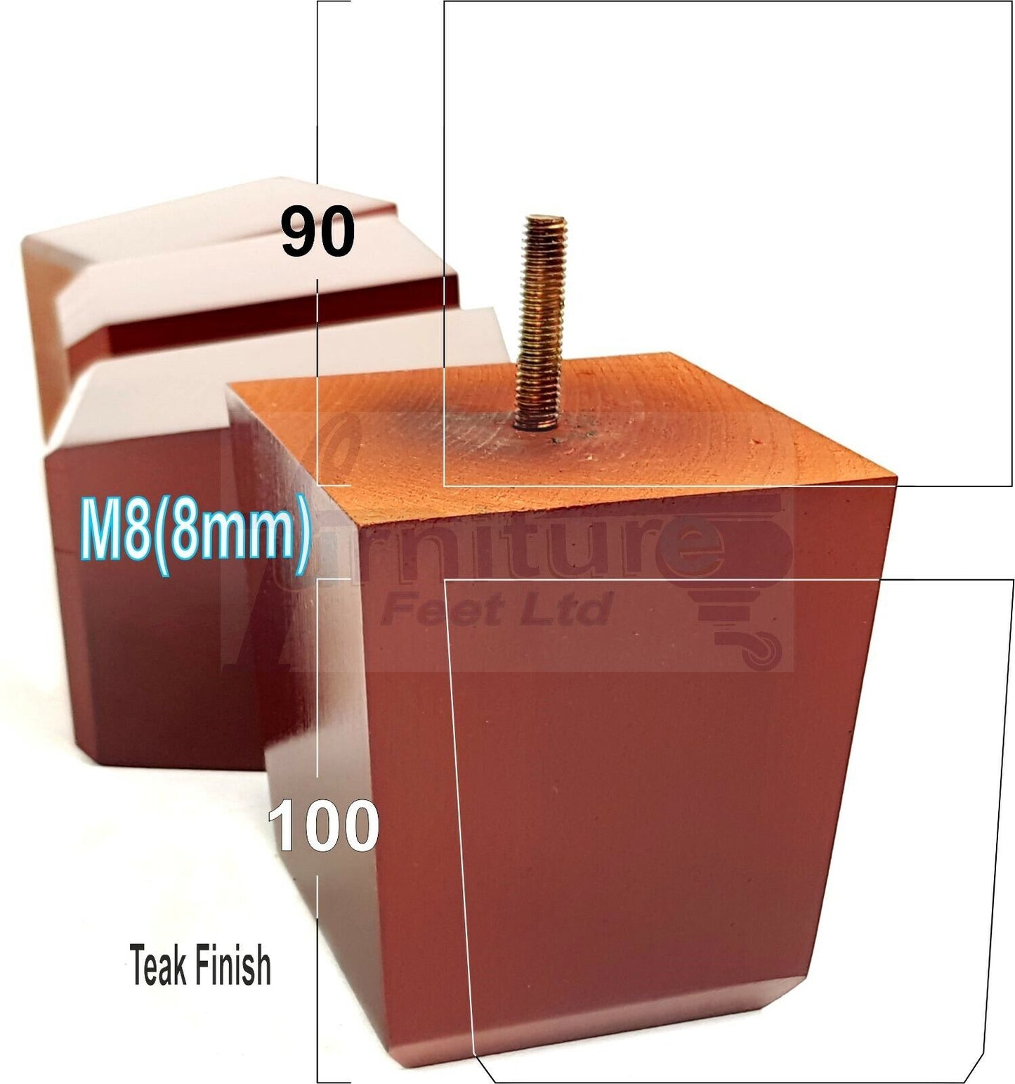 4x Solid Wood Square Furniture Legs Block Replacement Feet 100mm M8(8mm)
