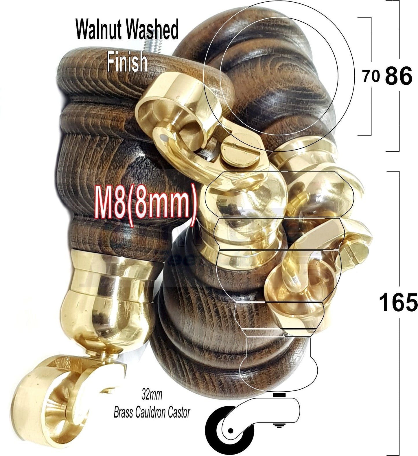 4 Turned Wood Furniture Feet With Brass Cauldron Castors 160mm Legs Sofas Chairs Stools Cabinets Beds M8 6 Inches