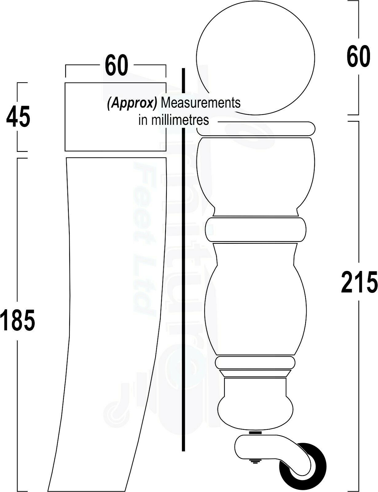 2x Wood Furniture Castor Settee Feet & 2x Curved Legs 8mm Thread 205mm High Raw (Un-Varnished) For Sofas Chairs Stools Cabinets & Beds