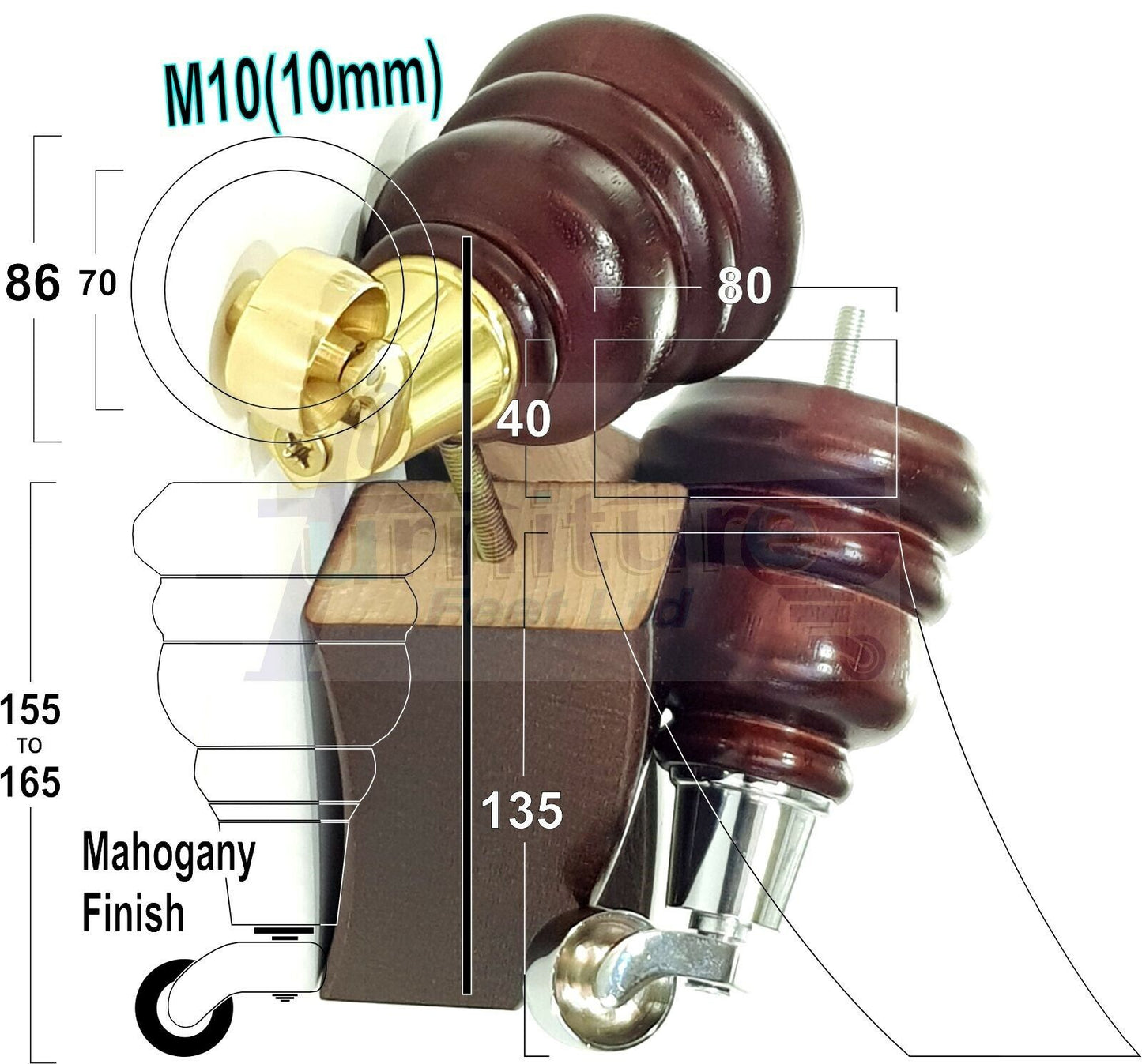 2 Replacement Wood Furniture Legs With Castors & 2 Curved Feet Mahogany 155mm Chair Sofa Stool M10