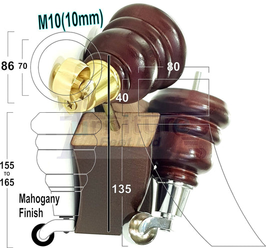 2 Replacement Wood Furniture Legs With Castors & 2 Curved Feet Mahogany 155mm Chair Sofa Stool M10