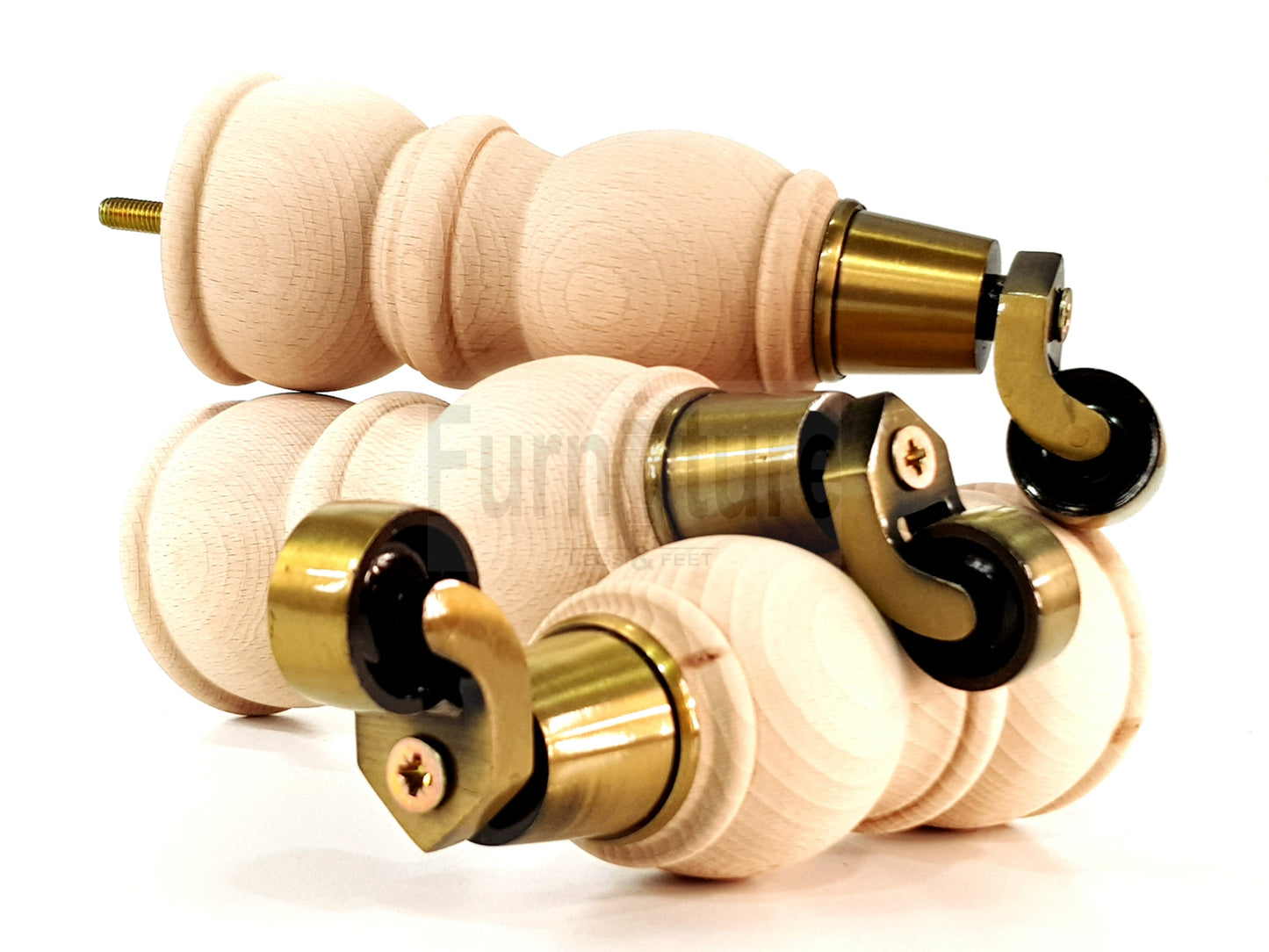 4 Turned Wood Furniture Feet With Castor 205mm High Legs Raw Wood M8 Sofas Chairs Stools Cabinets 8 Inches Tall 